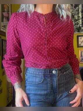 Talbots Maroon Tulip Cottage 80s Puff Sleeve Button Front Shirt Medium